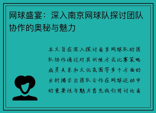 网球盛宴：深入南京网球队探讨团队协作的奥秘与魅力